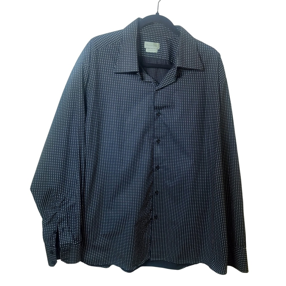 Christian Dior Mens Pure Cotton Polka Dot Button‎ Down Shirt Navy White L/S